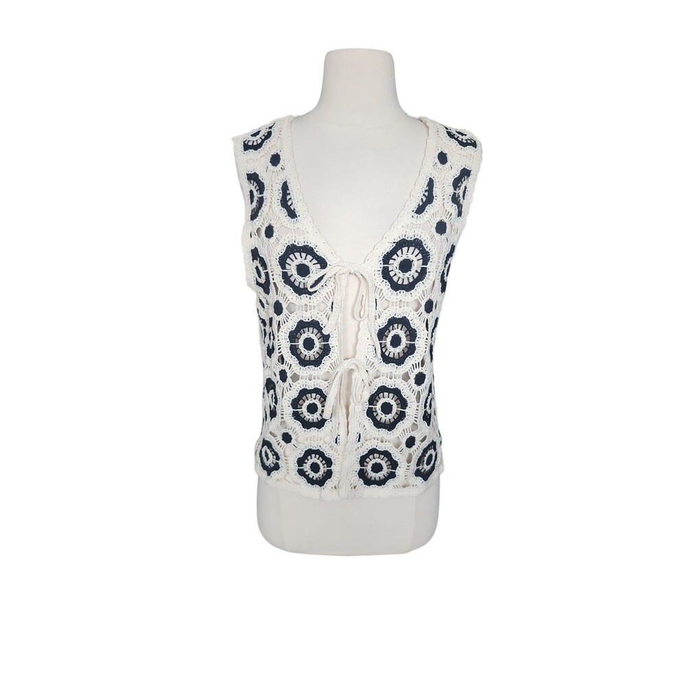 Adiva Boho Tie-Front Crochet Vest Top Womens M Cream Black Festival Coachella
